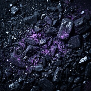 Macro texture of crushed black graphite and coal with subtle glowing neon purple dust, highly tactile background, deep natural contrast