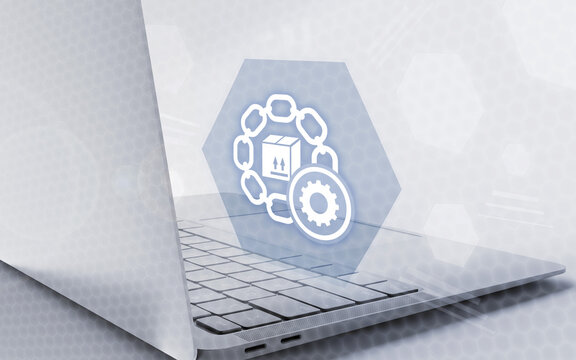 Supply chain management settings concept with a laptop computer and glowing digital icons for logistics, tracking, and operational efficiency solutions.
