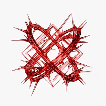 Cybersigilism abstract design, sharp intertwined digital thorns made of glowing red translucent glass, isolated on a pure white background