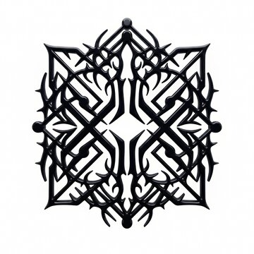 Sharp cybersigilism vector pattern, intertwined symmetrical digital tribal lines in black, Y2K gothic aesthetic, isolated on white background