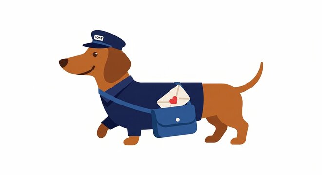 Flat vector style illustration of a Dachshund dog dressed as a mail carrier with a blue bag, delivery concept, pure white background