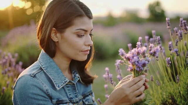 Walking woman in blue denim jacket spotting lavender cluster at sunset, gathering stems for scent