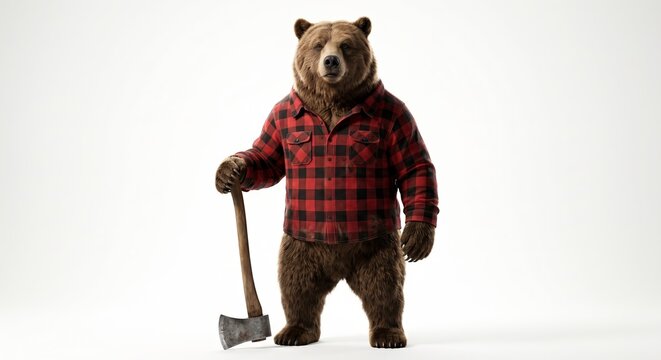 Detailed 3D render of a brown bear wearing a red plaid lumberjack shirt and holding a walking cane, isolated on white background