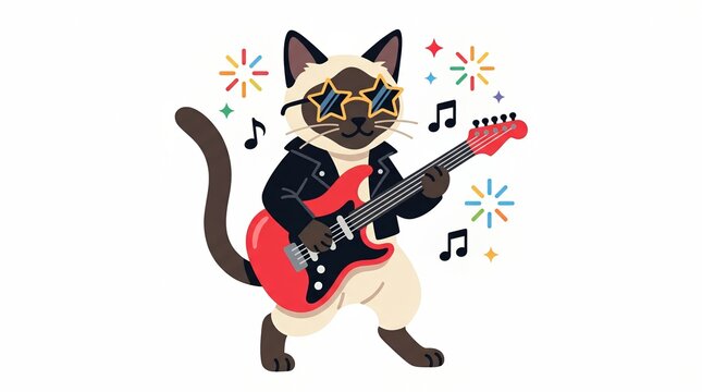 Flat vector style illustration of a cool Siamese cat playing an electric guitar, rockstar and music concept, isolated on a pure white background