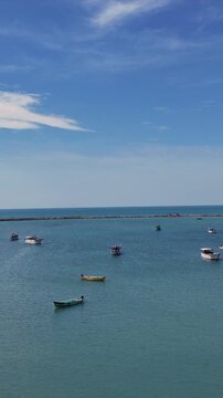 Vertical Aerial View of Fishing Boats at Pamban Harbour Rameswaram Tamil Nadu India