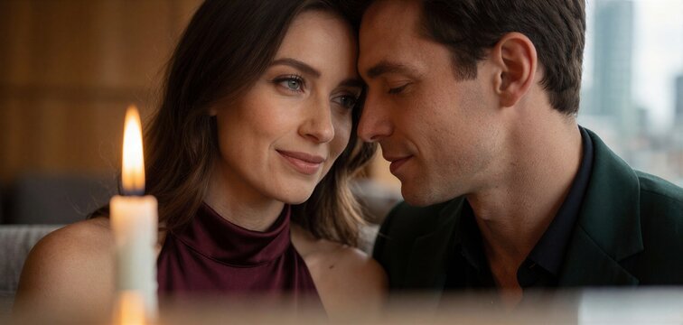 Intimate close-up of a couple touching foreheads by candlelight, sharing a tender moment with a warm, romantic ambiance.