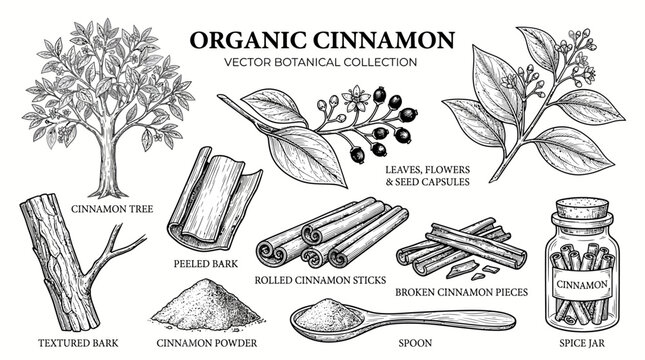 Very beautiful black and white realistic vector collection of ORGANIC CINNAMON featuring separate cinnamon tree, leaves, flowers, seed capsules, textured bark, peeled bark, rolled sticks, broken piece