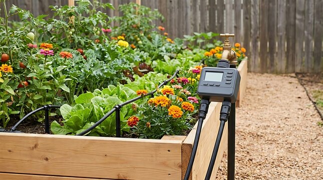 Automatic digital water timer connected to drip irrigation system in a raised wooden garden bed with flowers. garden irrigation setup 