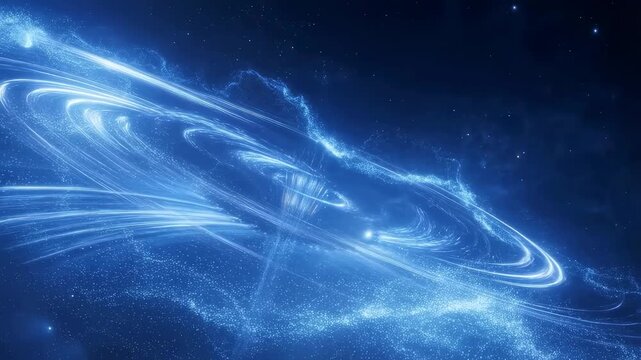 Blue energy particle waves flow and swirl through a dark cosmic space-like field. Technology presentations, science education, and futuristic title sequences.