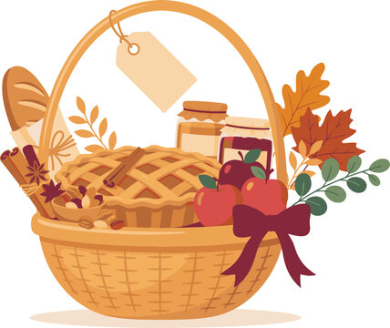 Autumn Thanksgiving harvest picnic basket filled with pie, apples, jam jars, and fall foliage vector illustration