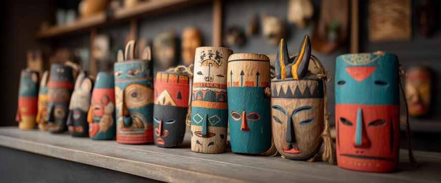 Colorful, handcrafted masks on display. Wooden masks with painted faces and geometric designs. Shelf with collection