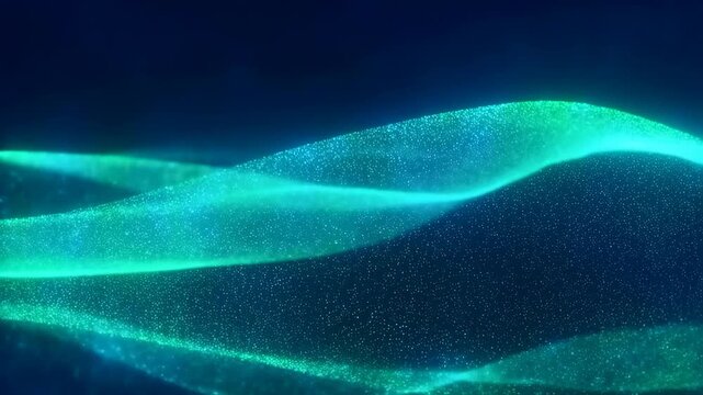 Glowing blue particle waves flow through a dark abstract digital space. Technology presentations, science media, and website hero sections.