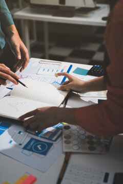 UI designer and UX developer brainstorm idea to design the application appearance in the early stage. Creative digital development agency. UX UI concept