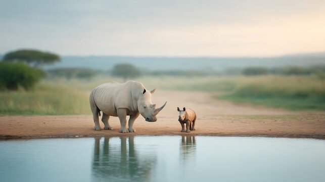 Rhino mother & calf by watering hole. Wildlife scene with the two standing, reflecting