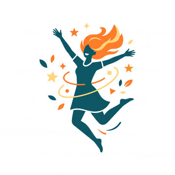 Joyful Woman Leaping in Celebration with Confetti and Stars Flat Vector Illustration Isolated on White Background