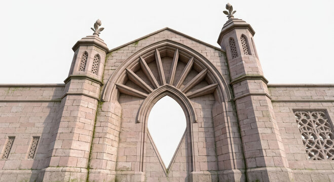 Historical gothic stone wall featuring a pointed arch gateway and decorative generated using ai