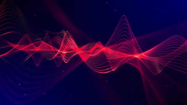 Abstract red wave lines oscillate through a dark digital space with glowing particles. Technology presentation, audio production opener, and science media.