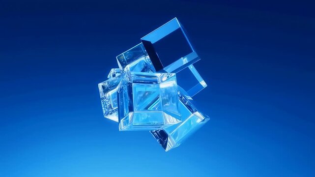 Floating glass cubes rotate in an abstract blue digital space. Technology presentation, corporate media, and digital design project.