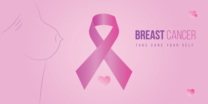 Minimalist light pink breast cancer awareness month banner with a central gradient ribbon, subtle female breast outline, and hearts, promoting self-care.