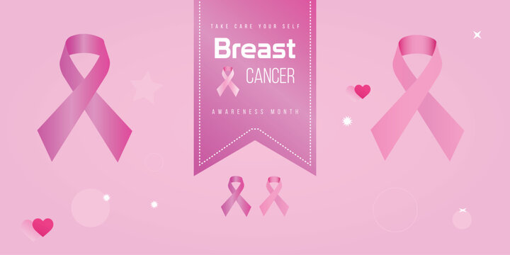 Gentle pink breast cancer awareness month banner featuring multiple prominent ribbons, a central message, hearts, and stars, promoting self-care and support.