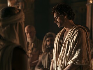 Fototapeta premium A young man with curly hair and a beard wearing ancient robes in a dimly lit gathering of elders