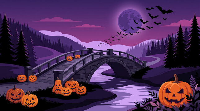 Spooky Halloween landscape with stone bridge, carved pumpkins, and bats under a full moon