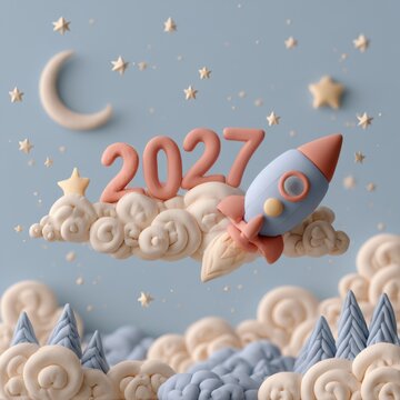 Numbers 2027 sit on a small clay rocket in a pastel sky surrounded by clouds, stars, and a moon, symbolizing ambition and dreams ahead.