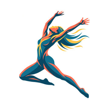 Dynamic Stylized Illustration of a Graceful Woman Leaping in Joy and Freedom Isolated on White Background