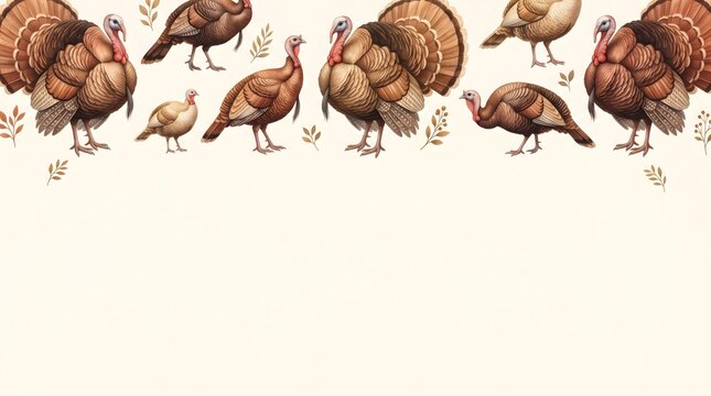 Decorative thanksgiving turkey border illustration featuring hand drawn watercolor birds arranged in a festive horizontal pattern
