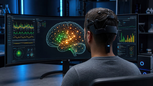 Man wearing a brain sensing headset monitoring neural activity graphs on curved generated using ai