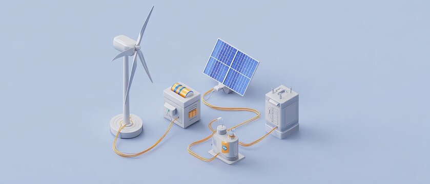Renewable energy components on a blue background.