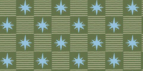 Fototapeta na wymiar Vector Seamless Christmas pattern with hand-drawn holiday elements, geometric shapes, stars and festive ornaments in a retro color palette