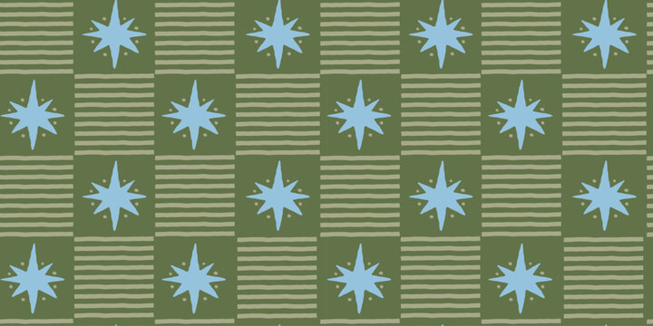 Vector Seamless Christmas pattern with hand-drawn holiday elements, geometric shapes, stars and festive ornaments in a retro color palette