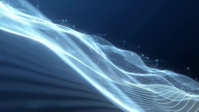 Flowing luminous waves undulate through a dark blue digital space. Technology presentations, digital interface, and corporate media.