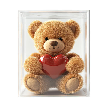 A cute teddy bear holding a red heart, placed inside a transparent box, symbolizing love and affection.