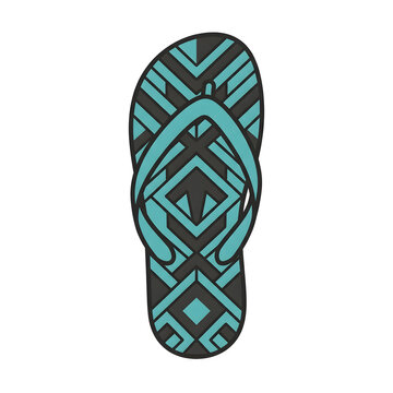 Flip flop with teal geometric pattern and straps