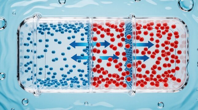 Abstract illustration shows fluid moving through semipermeable membrane. Blue particles cross to red side, showing osmosis process. Bubbles and water waves add motion effects.