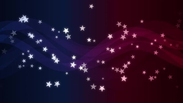 Abstract american patriotic background with red and blue wavy lines and glowing stars for independence day fourth of july holiday 4k video animation