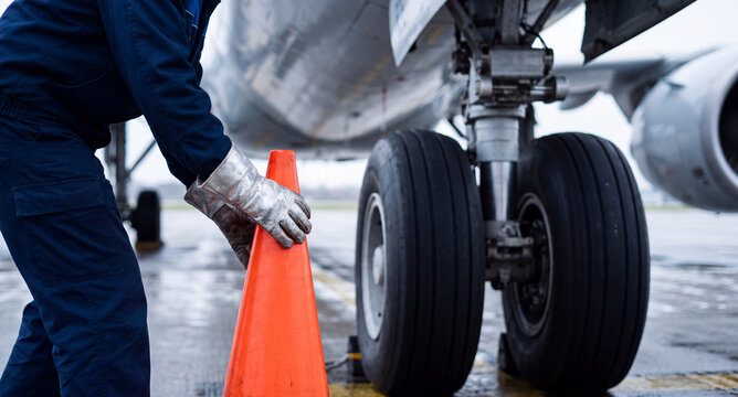 Ground crew member in blue uniform placing orange safety cone near airplane landing gear wheels