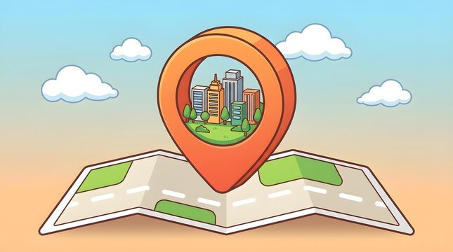 City map location pin illustration. Large orange GPS pointer showing urban skyline with skyscrapers over a folded paper road map. Travel, navigation, and destination concept design.