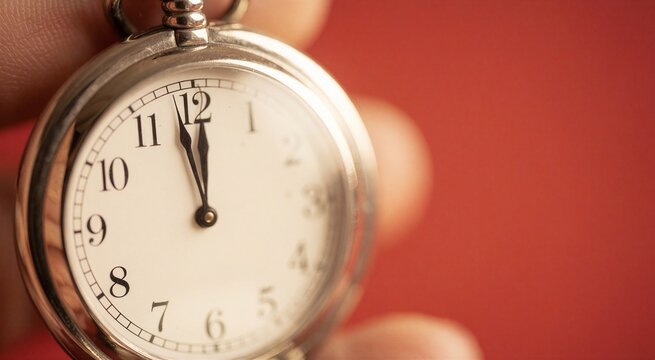 Close-up shot of a polished silver pocket watch displaying exactly 12:00, held near blurred fingertips against a vibrant, soft red background.