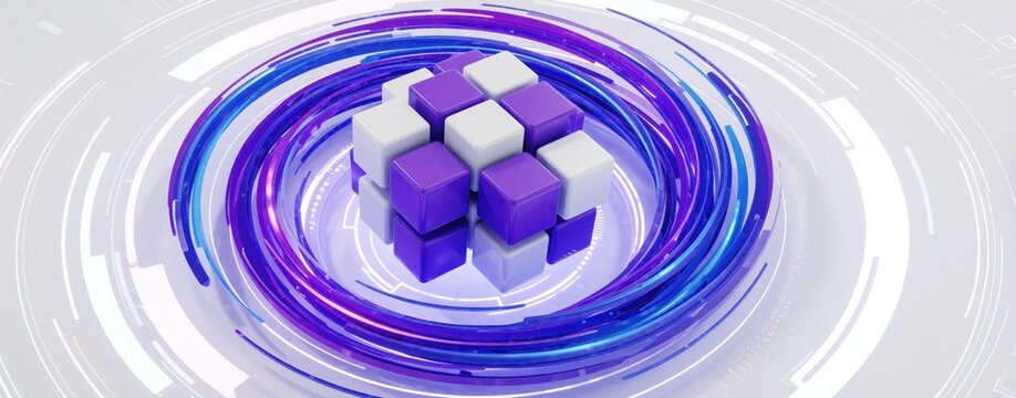 Abstract 3D isometric illustration of purple, white cubes forming central core. Glowing blue circular rings rotate around data block structure. Digital technology concept for blockchain, cloud
