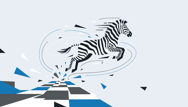 Wild zebra animal running and jumping dynamically as abstract geometric shapes break apart on a light background.