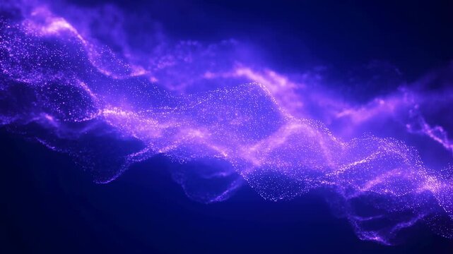 Purple particle waves flow through a dark blue digital field. Technology presentations, science media, and digital title sequences.