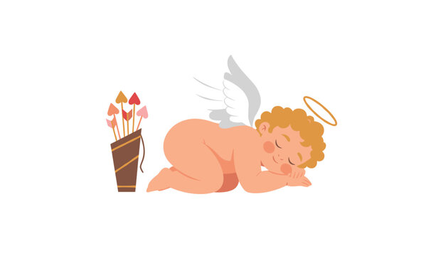 Adorable baby angel cupid sleeping peacefully next to a brown leather quiver full of red heart tipped arrows.