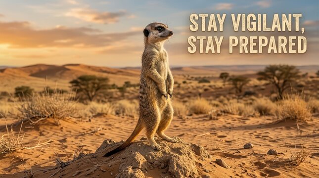 Meerkat Standing Guard in the African Desert with Inspirational Text Stay Vigilant Stay Prepared