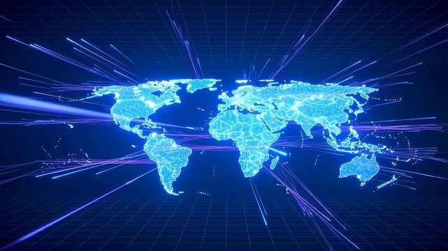 Animated digital world map with radiating data lines in a dark grid. Technology presentations, telecommunications advertising, and internet service promotion.