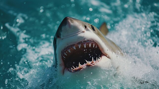 Ferocious great white shark catapulting toward the camera through splashing turquoise sea with opened jaws