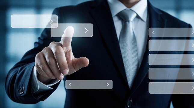 Man in suit touches virtual interface with dropdown menus. Selecting options on futuristic digital screen. Pro interaction with modern tech, business navigation.