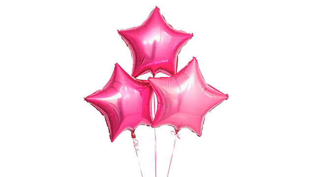 Three pink star shaped helium balloons isolated on transparent background